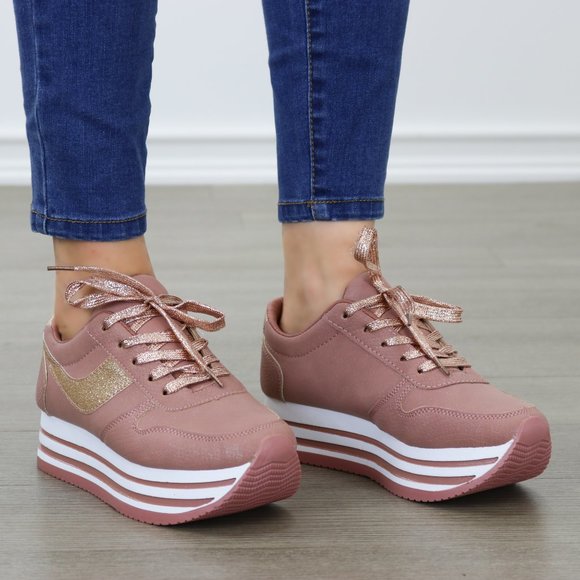 Glittery Pink & White Chunky Platform Sneakers - Picture 2 of 8